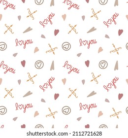 Boho style hearts, bow and arrow seamless pattern simple vector illustration in trendy pastel colors, repeat ornament symbol of love, St Valentine day collection for making cards, textile, gift paper
