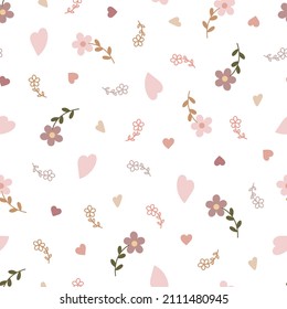 Boho style hearts, flowers seamless pattern simple vector illustration in trendy pastel colors, repeat ornament symbol of love, St Valentine day collection for making cards, textile, gift paper