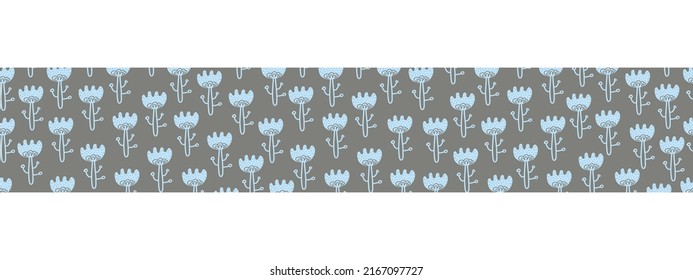 boho style horizontal seamless border with flowers. Cartoon drawing blue seamless floral baner. Scandinavian folk style brash. For fabric, cards, wallpaper, home decor.