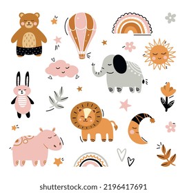 Boho style icons set. Collection of cute characters for children, animals. Elephant, tiger, bear, hare, moon, sun and hippopotamus. Cartoon flat vector illustrations isolated on white background