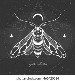 boho style illustration with beautiful moth, hand drawn black and white butterfly on a chalkboard, mystical illustration