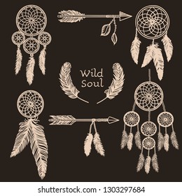 Boho style illustration with different dream catchers,  feathers and arrows.