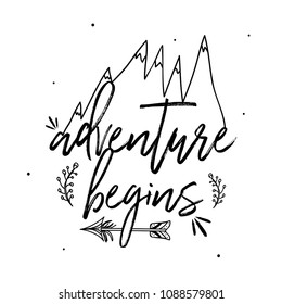 Boho Style Illustration Hand Lettering Typography- Adventure Begins. Modern brush calligraphy.