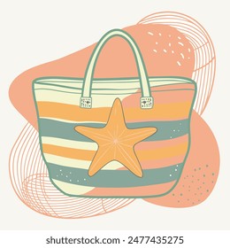 Boho style illustration. Vibrant yellow and orange striped bag with a star design on the front.