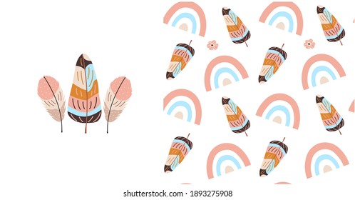 Boho style Indian feathers and rainbow. Set of vector seamless patterns and illustrations. Vector hand drawn childish illustration.