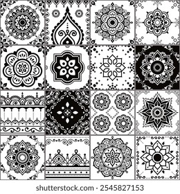 Estilo Boho azulejos indianos vetor sem costura preto e branco padrão com mandalas, flores e espirais decorativos. Gerado por não IA
