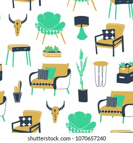 Boho style interior. Hand drawn vector seamless pattern