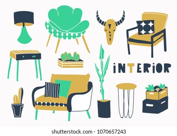 Boho style interior. Hand drawn vector set. All elements are isolated