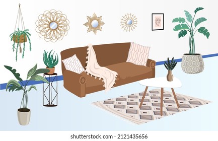 Interior estilo Boho. Un sofá, plantas tropicales interiores, una mesa con un jarrón, espejos, moqueta, almohadas, una manta y un cuadro.Tonos blancos de estilo bohemio.