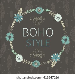 Boho style  label. Vector illustration with cute floral wreath. Feathers.Tenderness, softness.