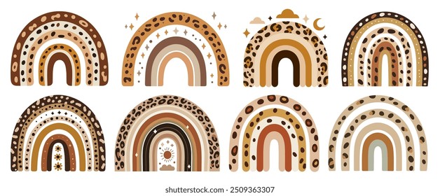 Boho Style Leopard Print Rainbows Collection on White Background, ilustração na moda do vetor