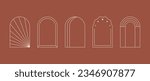 Boho style linear arc frame collection. Bohemian decorative ornamental border set for badge, logo, card, poster, banner, template. Terracotta arch design elements with stars, column, sunbeams. Vector