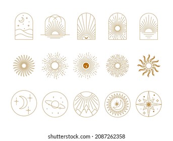 Boho style linear logos, icons and symbols of the sun, arc, windows design. Geometric abstract elements for decoration.