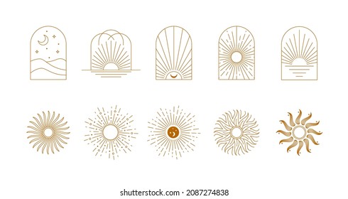 Boho style linear logos, icons and symbols of the sun, arc, windows design. Geometric abstract elements for decoration.