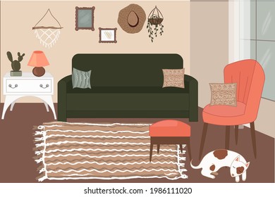 Boho style living room interior. Vector illustration of room and pet in flat style