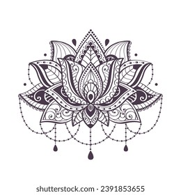 Boho style lotos flower, isolated on white background, hand drawn vector illustration