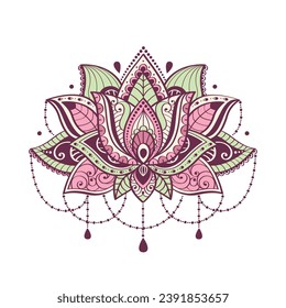 Boho style lotos flower, isolated on white background, hand drawn vector illustration