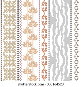 Boho style luxury wallpaper. Set of geometric ornaments, damask border, leaves stripe, zebra pattern. Vintage textile collection. Golden and cooper shadows on white.