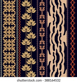 Boho style luxury wallpaper. Set of geometric ornaments, damask border, leaves stripe, zebra pattern. Vintage textile collection. Golden and cooper shadows on dark blue.