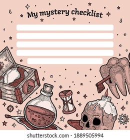 Boho style Magic Checklist with Copyspace. Engraving style, Hippie and Vintage. Astrological Mystery Lines for Recording Plans, Tasks, And Lists. Ready to Print with Chest, Potion Bottle, Skull, Tooth