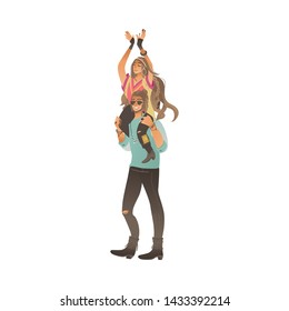 Boho style man stands holding woman on his shoulders cartoon style, vector illustration isolated on white background. Hippy couple - girl sitting on boyfriend neck at summer festival