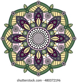 Boho style mandala pattern in shades of green, purple, yellow & pink. 