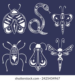 Boho style monochrome silhouettes incsects and snake butterfly and dragonfly