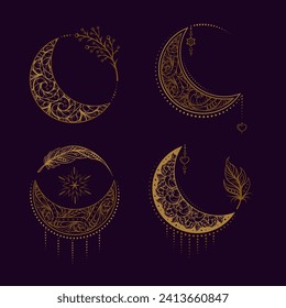 Boho style moon illustrations set on a dark background.