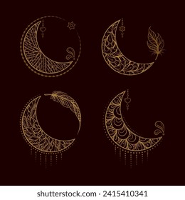 Boho style moon illustrations set on a dark background.
