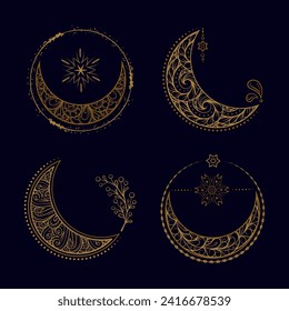 Boho style moon illustrations set on a dark background.