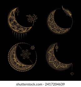 Boho style moon illustrations set on a dark background.