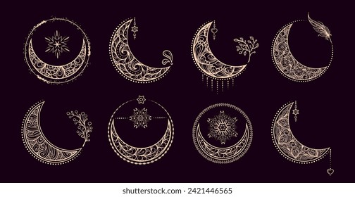 Boho style moon illustrations set on a dark background.