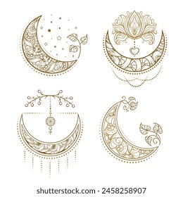 Boho style moon illustrations set.