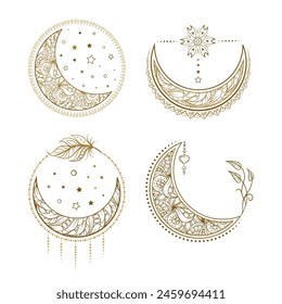 Boho style moon illustrations set.