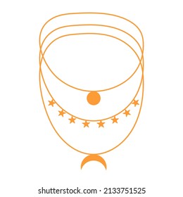 Boho style necklace with stars, moon and circle. Handmade jewelry in ethnic style. Vector illustration.