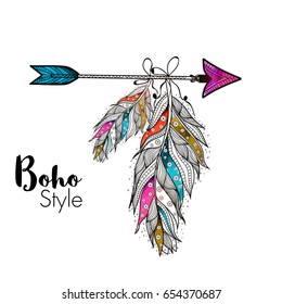 Boho Style Ornamental Feathers Hanging On Arrow, Creative Hand Drawn Ethnic Elements.