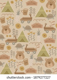 Boho style and outdoor-inspired pattern that includes, cute design elements such as a wagon, tent, flowers, plants, animals, and a lot more.