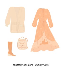 Boho style outfit, a set of clothes in a fashionable style. Dress with flounces, cardigan, boots and backpack for design, vector illustration.