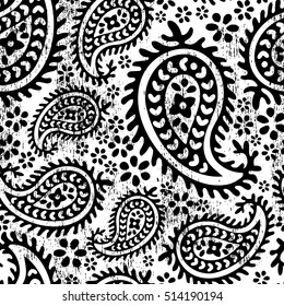 Boho Style Paisley Floral Seamless Repeat Wallpaper Tile with Distressed Texture -  Black and White Monochromatic Palette