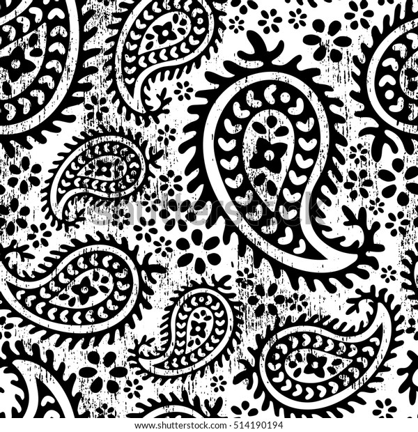 ボホスタイルのペイズリー花柄のシームレスなリピート壁紙タイル 苦痛のテクスチャー付き 白黒の単色パレット のベクター画像素材 ロイヤリティフリー