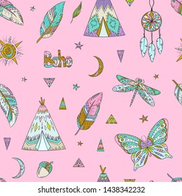 Boho style pattern. Doodle ethnic background. Tribal. Bohemian style. Folk. Ornaments. Fashion. Fabric design. Zentangle butterfly. Dragonfly. Teepee. Dreamcatcher. Feather.