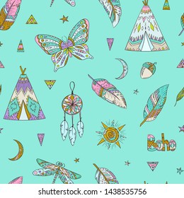 Boho style pattern. Doodle ethnic background. Tribal. Bohemian style. Folk. Ornaments. Fashion. Fabric design. Zentangle butterfly. Dragonfly. Teepee. Dreamcatcher. Feather.