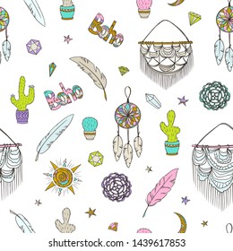 Boho style pattern. Doodle ethnic background. Tribal. Bohemian style. Folk. Ornaments. Fashion. Fabric design. Macrame. Dreamcathcer. Crochet.