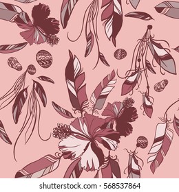 Boho style pattern feathers seamless colorful background. Vector abstract ethnic with tropical flowers hibiscus.