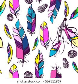 Boho style pattern feathers seamless colorful background. Vector abstract ethnic with colorful stone feathers animals print.