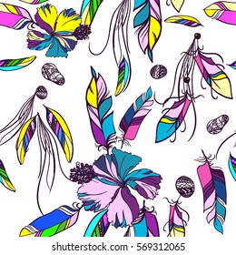 Boho style pattern feathers seamless colorful background. Vector abstract ethnic with tropical flowers hibiscus.