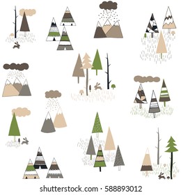 Boho style pattern with hand drawn teepee or wigwam, trees and mountains.Cute vector background.