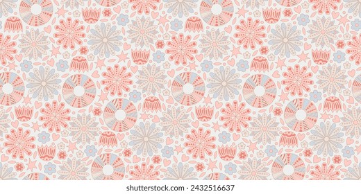 Boho style pattern in pink and blue pastel colors. A variety of backgrounds depicting sun, and flowers. Summer pattern. Cute illustration for children's room.