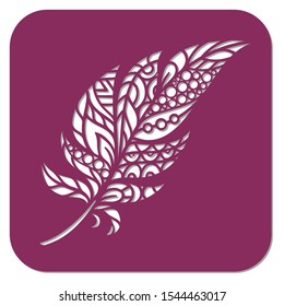 Boho style patterned feather cut stencil. Vector cut template.