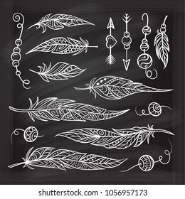 Boho style patterned feathers and beads vector set